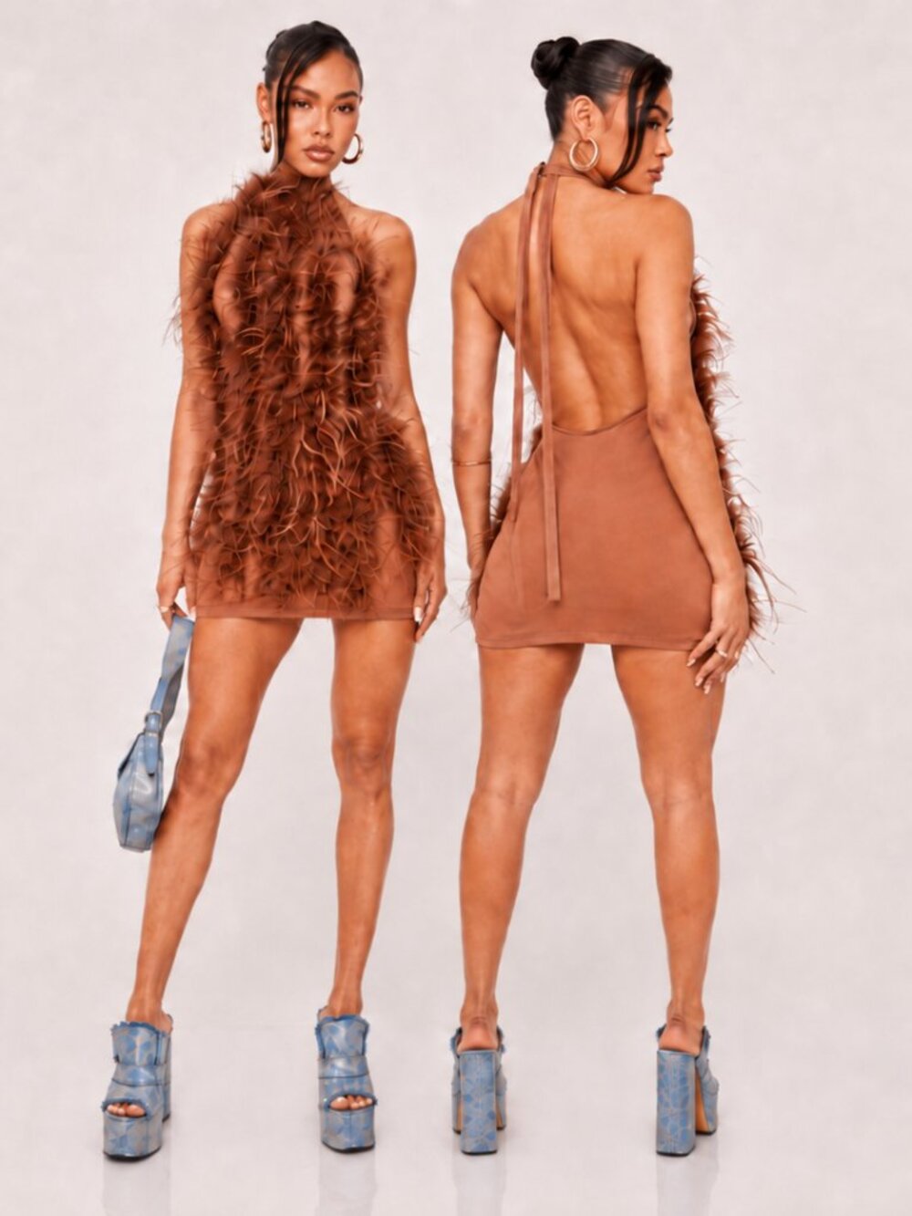 💥CHIC & SEXY GLAM!💥Lux Marabou Feather Halter Mini Dress in Brown